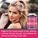 Woman with blonde hair and a bottle of Fearathe Biotin & Collagen supplement.