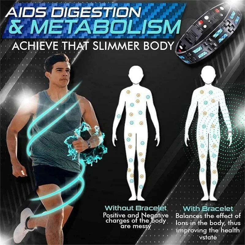 Advertisement for a bracelet claiming to improve digestion, metabolism, and body health.