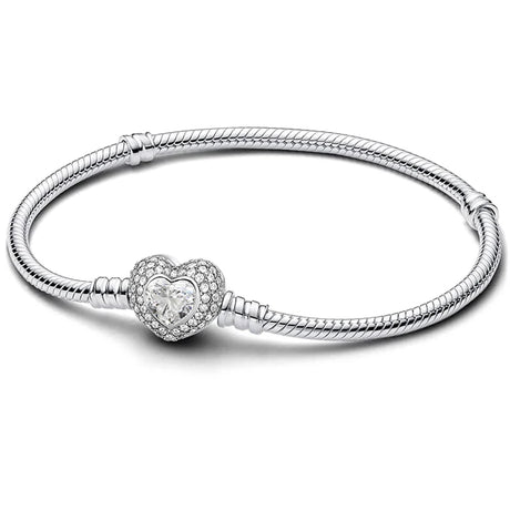 Silver bracelet with a heart-shaped clasp on a white background
