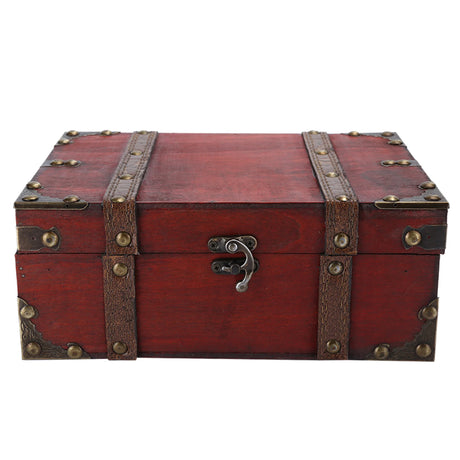 Red wooden treasure chest with brass accents on a white background