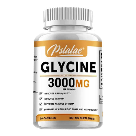 Supplement bottle labeled 'Glycine 3000MG' by Pslalae on a white background