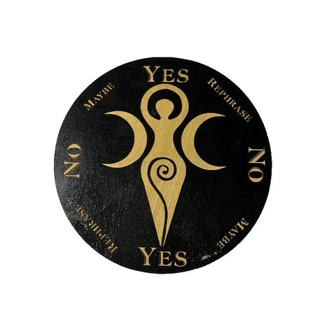 Black circular disc with gold symbol and text on a white background