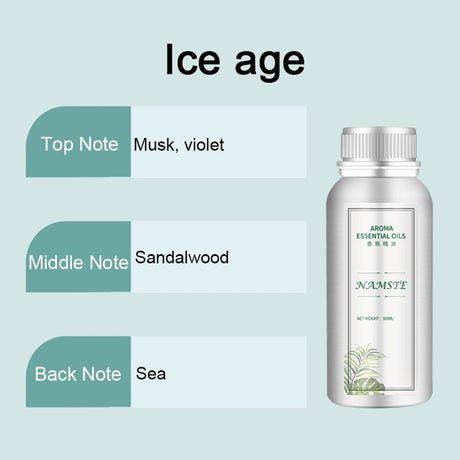 NAMSTE essential oil bottle with notes description on a light blue background