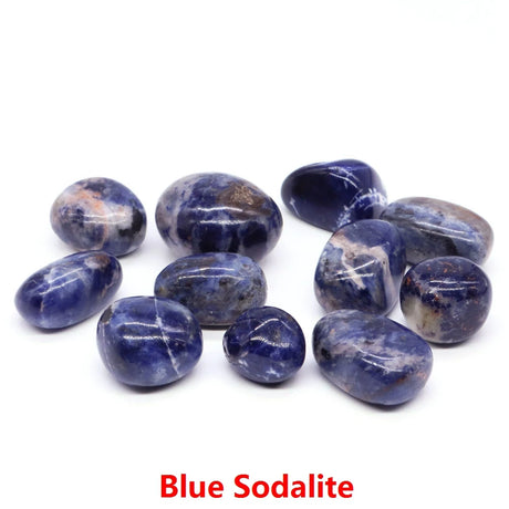 Blue Sodalite stones on a white background with 'Blue Sodalite' text.