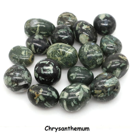 Green and black marbled beads on a white background with 'Chrysanthemum' text.
