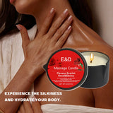 Massage candle with a woman massaging her neck, featuring E&D Massage Candle packaging.