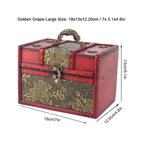 Red jewelry box with floral patterns and dimensions on a white background