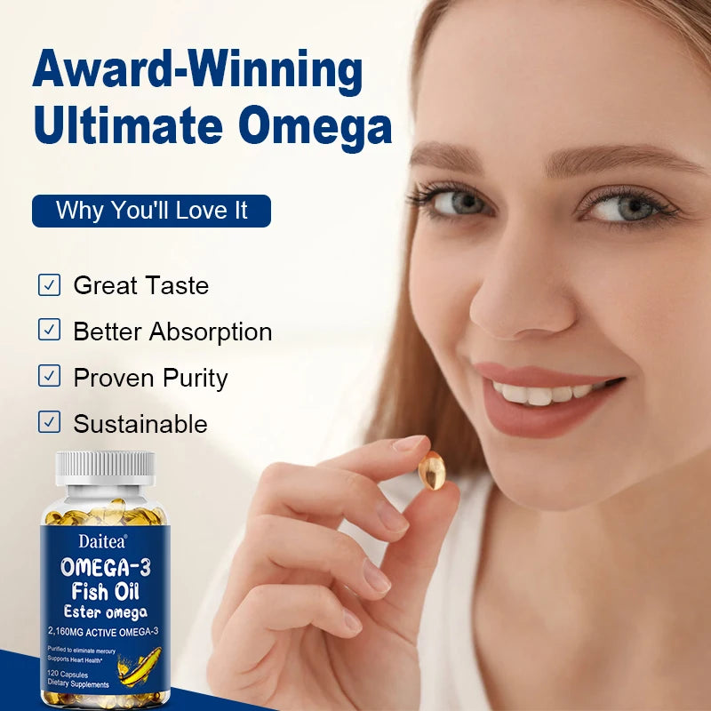 Woman holding a Daitea Omega-3 Fish Oil supplement with product details on a white background
