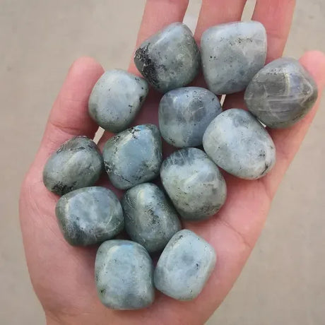 Hand holding a collection of greenish-blue stones against a neutral background