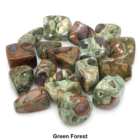 Collection of green and brown tumbled stones labeled 'Green Forest' on a white background