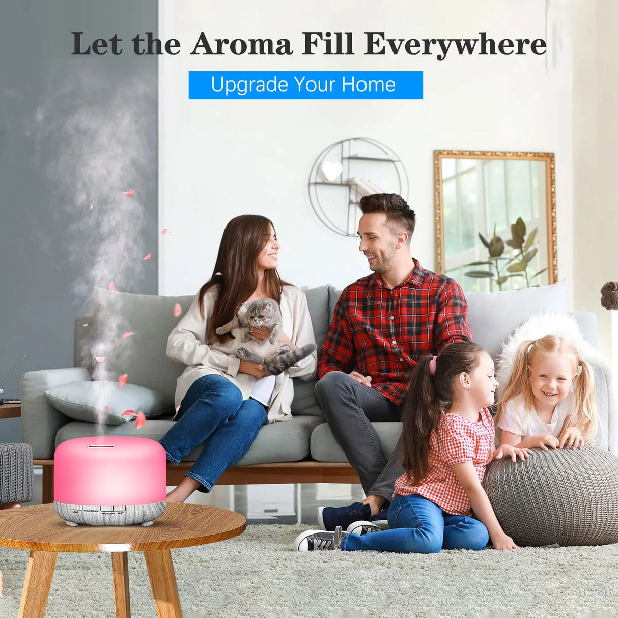 Family sitting on a couch with a pink diffuser emitting steam, text 'Let the Aroma Fill Everywhere Upgrade Your Home'.