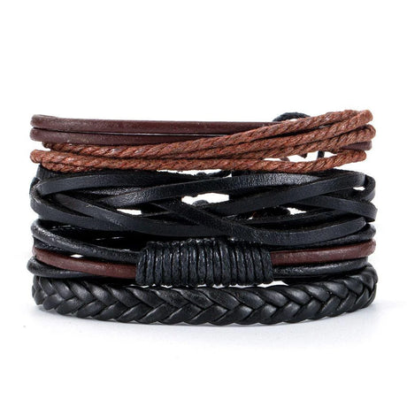 Multi-layered leather bracelet with braided design on a white background
