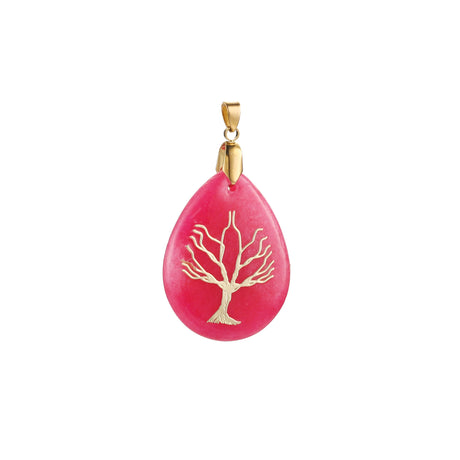 Pink teardrop pendant with gold tree design on a white background