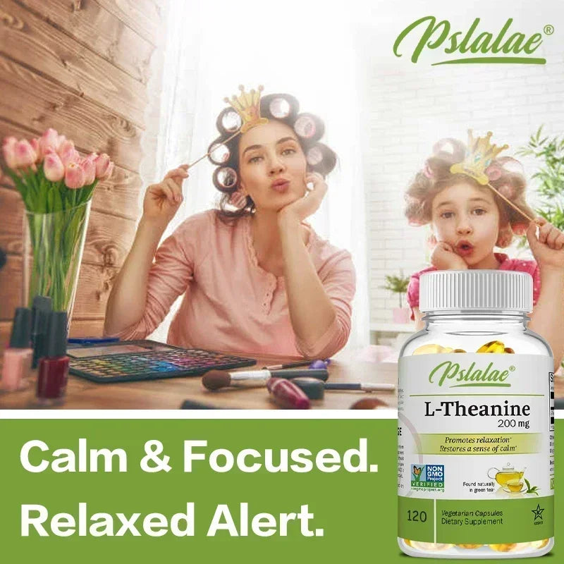 Woman with curlers and child playing with a bottle of Pstlalae L-Theanine supplement.
