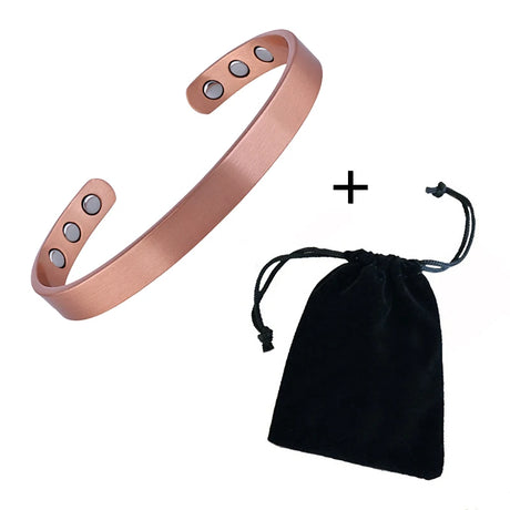 Rose gold bracelet with three gray stones and a black drawstring bag on a white background
