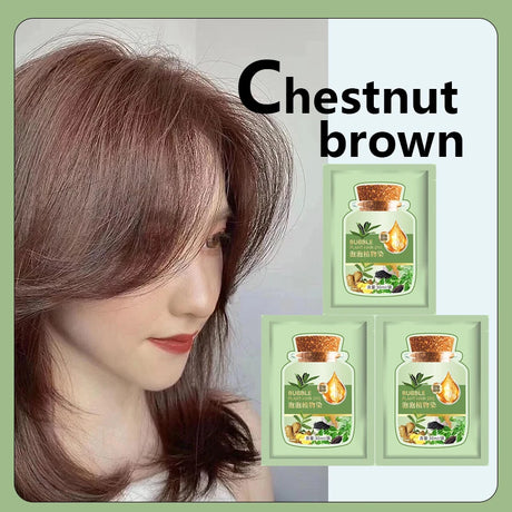 Person with chestnut brown hair and hair care product packaging labeled 'Chestnut brown'.