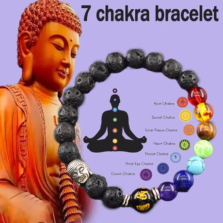 7 chakra bracelet with a Buddha statue on a purple background