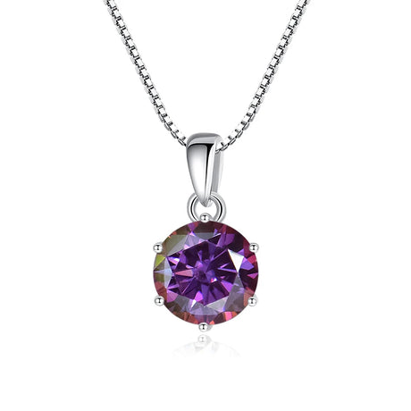 Purple gemstone pendant on a silver chain against a white background