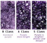 Three different classes of purple glitter with descriptions below each.