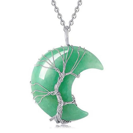 Green crescent moon pendant with silver wire wrapping on a white background