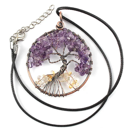 Amethyst tree of life necklace on a white background