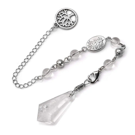 Silver bracelet with tree of life charms and a clear crystal pendant on a white background