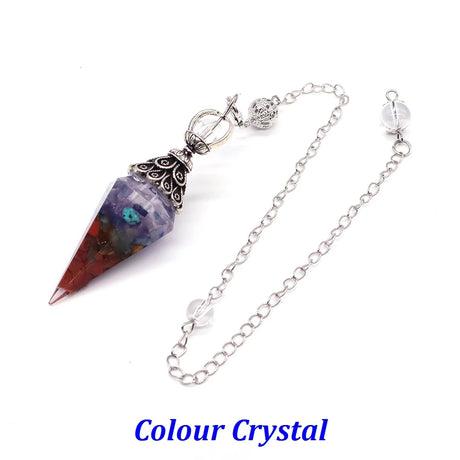 Crystal pendulum with chain on a white background