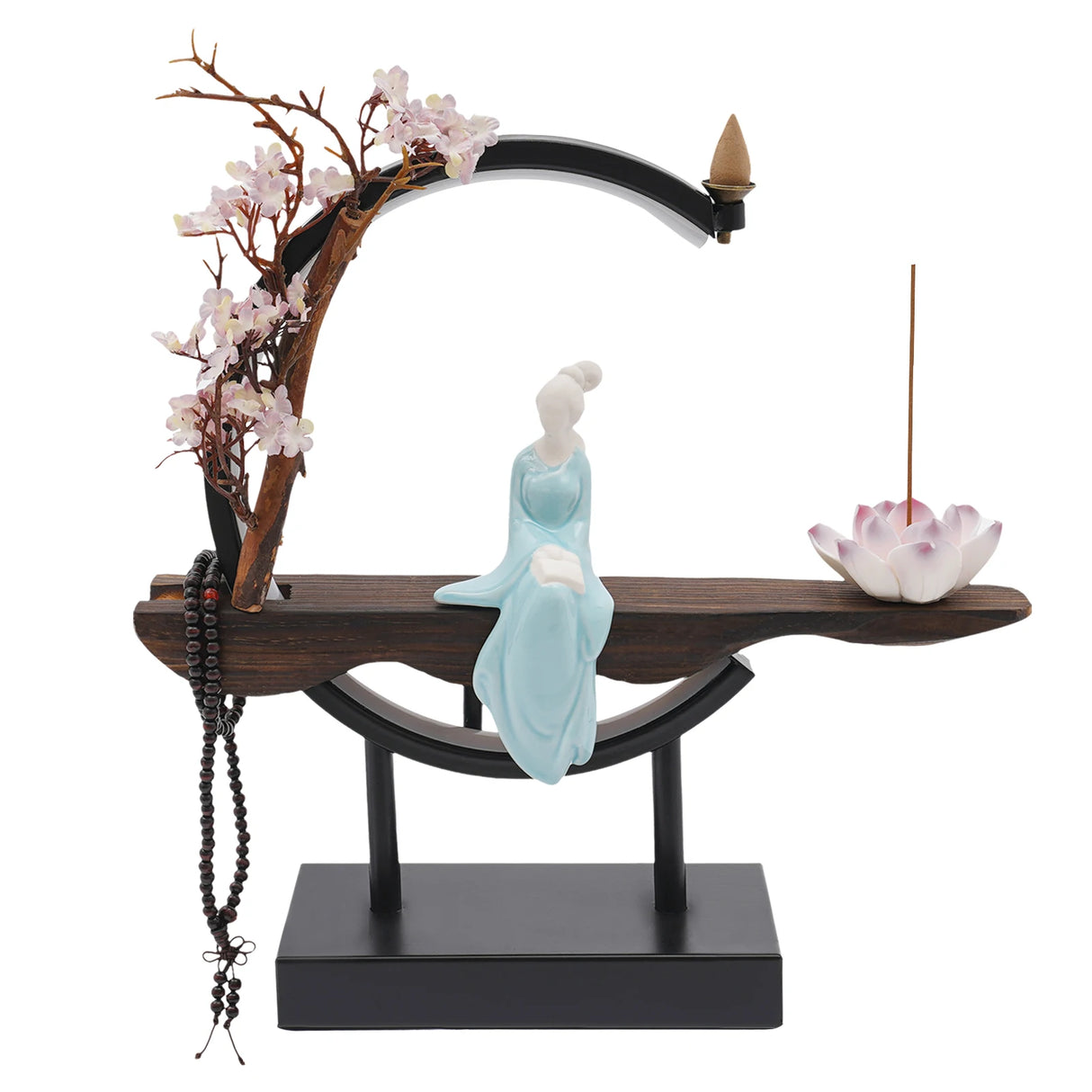 Decorative scene with a figurine, cherry blossom branch, and incense holder on a white background