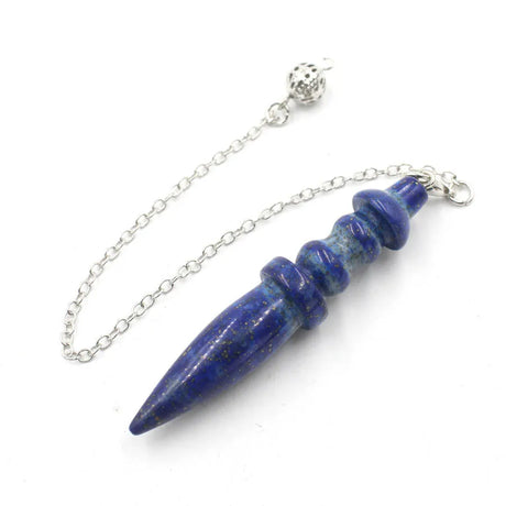 Blue stone pendant on a silver chain against a white background