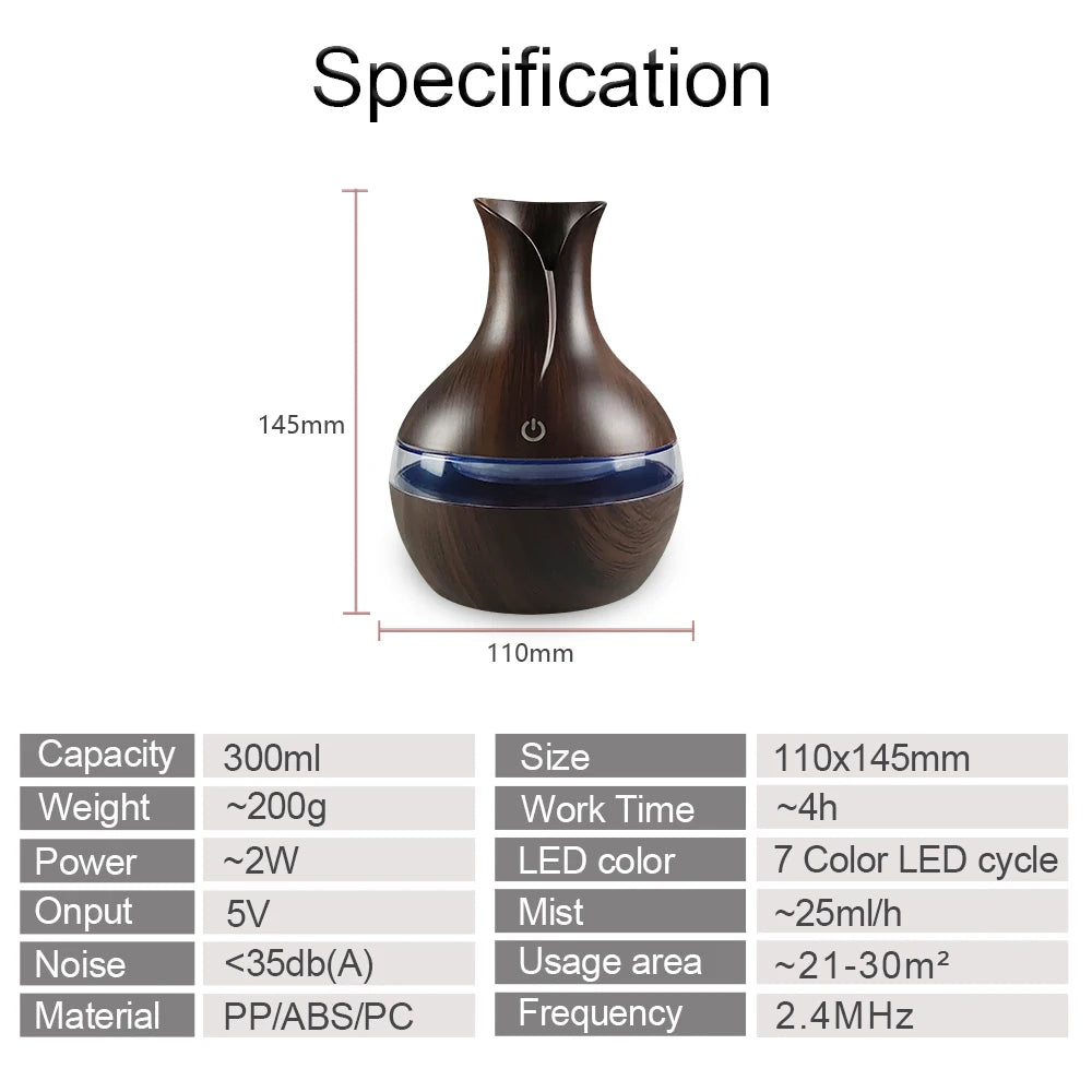 Wooden diffuser with specifications listed on a white background