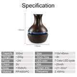 Wooden diffuser with specifications listed on a white background