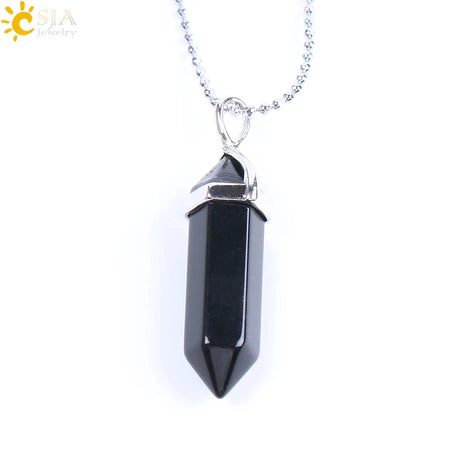 Black crystal pendant necklace on a white background