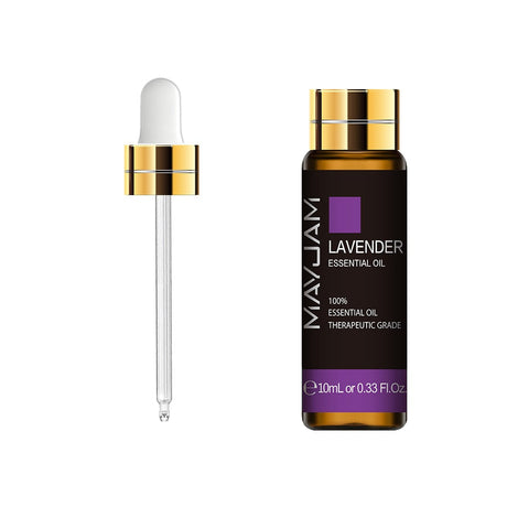 Mayjam lavender essential oil bottle with dropper on a white background