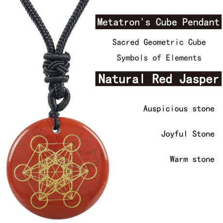 Red jasper Metatron's Cube pendant on a black cord with text about its properties.