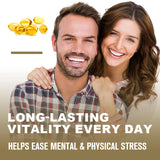 Man and woman smiling with text about long-lasting vitality and stress relief.
