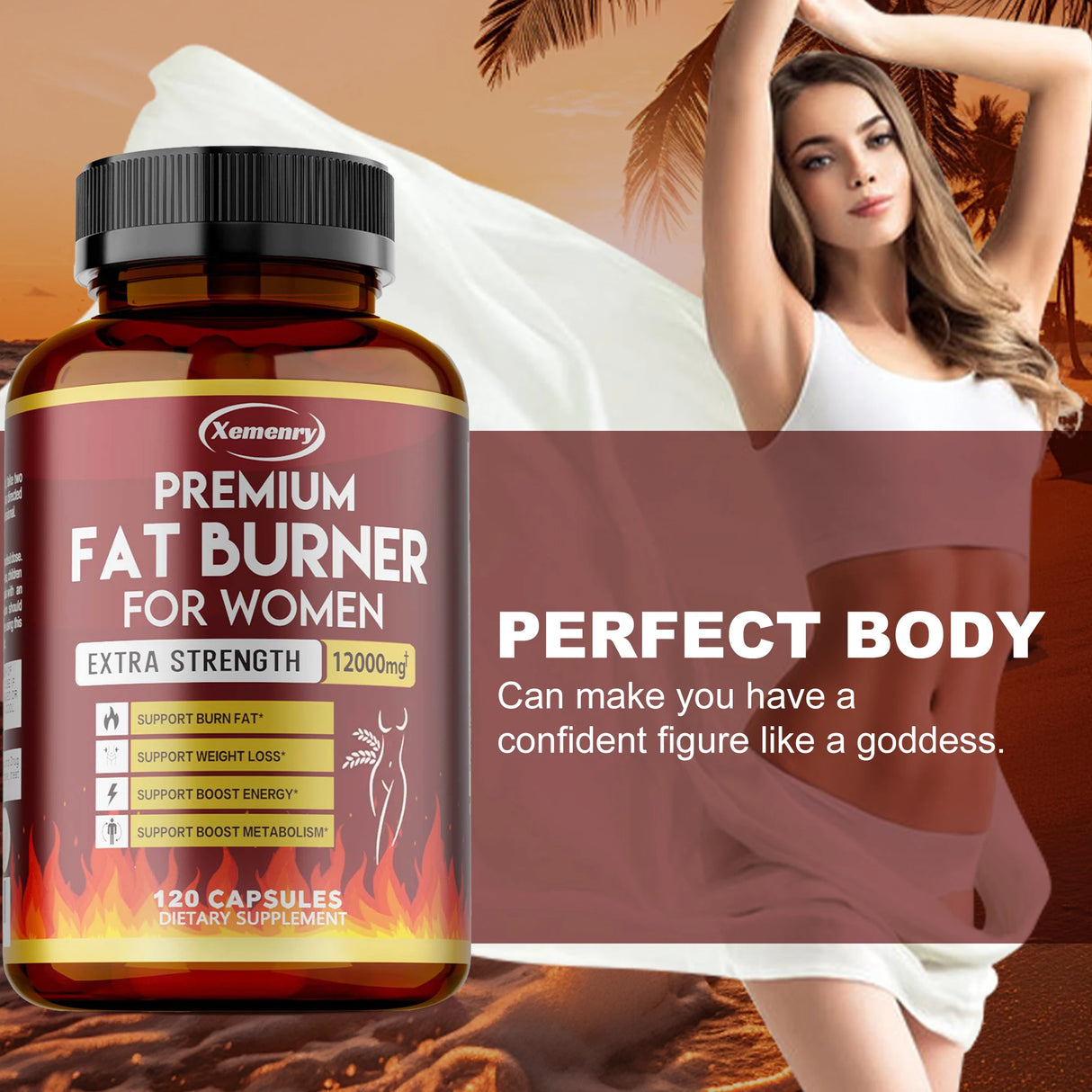 Fat burner supplement bottle with a woman in the background on a beach.