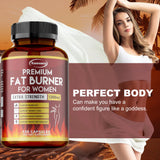 Fat burner supplement bottle with a woman in the background on a beach.