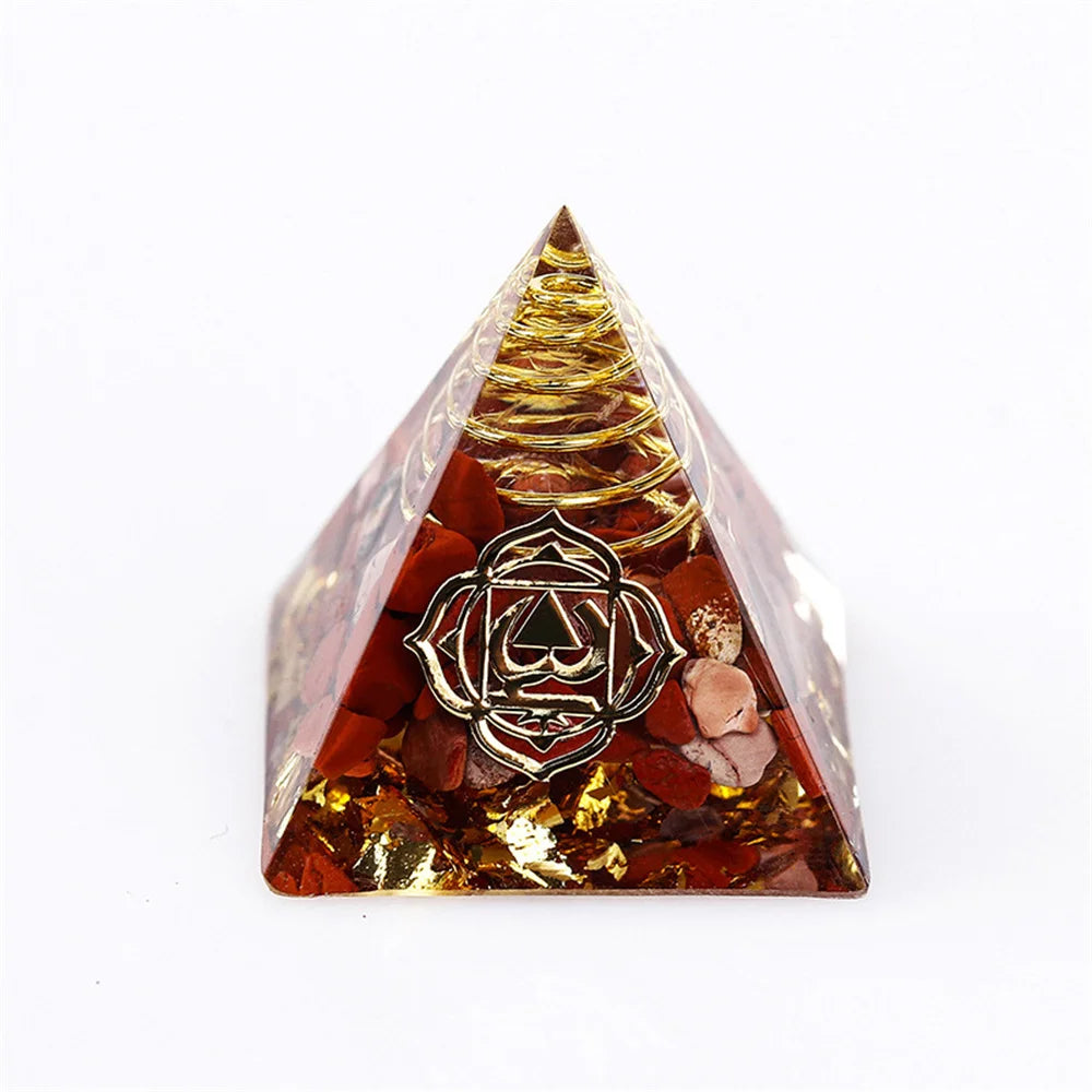 Pyramid-shaped object with a central emblem on a white background