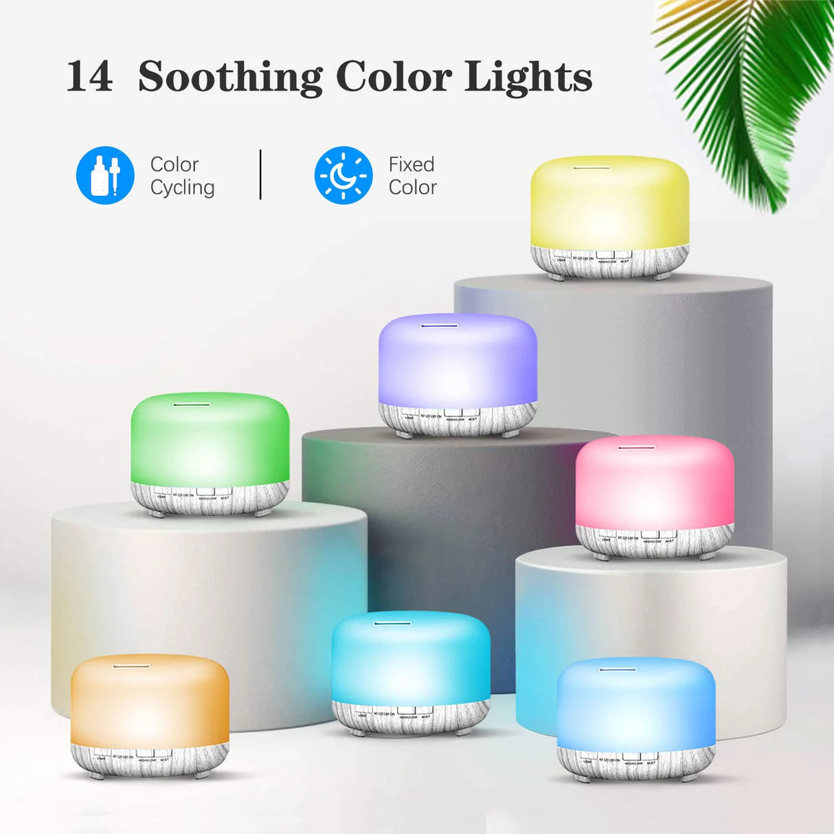 Colorful LED lights on cylindrical stands with '14 Soothing Color Lights' text and icons.