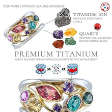 Colorful gemstone ring with text about healing minerals and titanium ion.