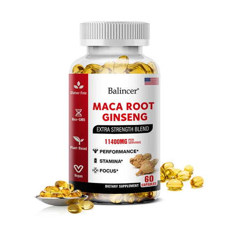 Supplement bottle labeled 'Maca Root Ginseng' by Balincer on a white background