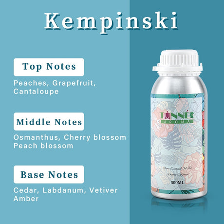 Bottle of Tunné aroma with Kempinski branding and fragrance notes on a blue background