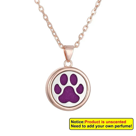 Necklace with a purple paw print pendant on a white background