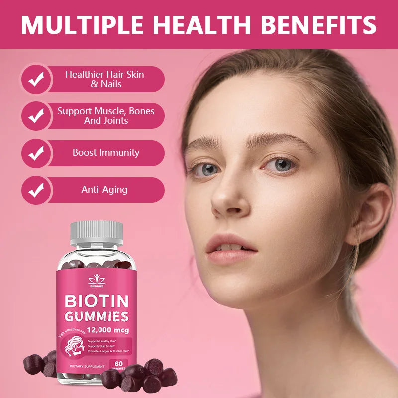 Biotin gummies packaging with a woman's face on a pink background, highlighting health benefits.