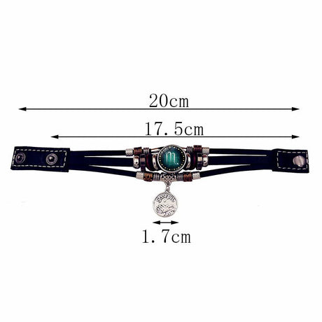 Black leather choker with zodiac charm and measurements on a white background
