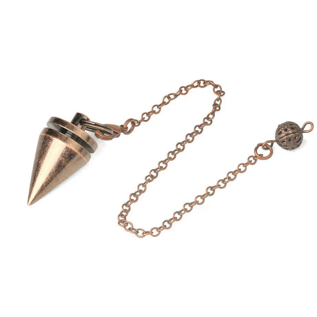 Bronze cone-shaped pendant on a chain against a white background