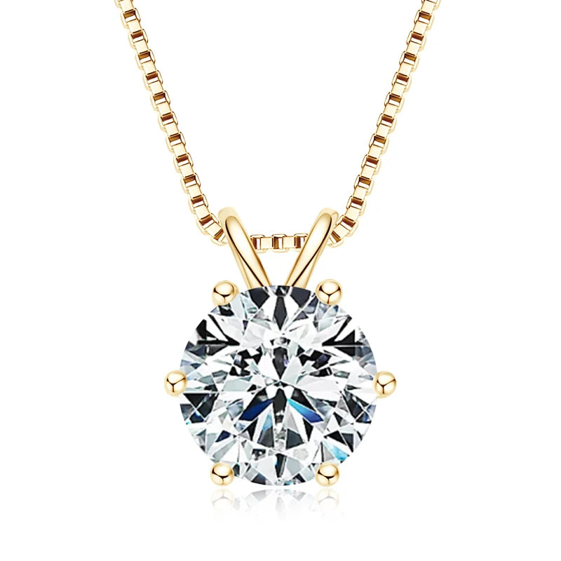 Gold necklace with a round diamond pendant on a white background