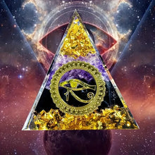 Triangular pyramid with eye symbol against a cosmic background