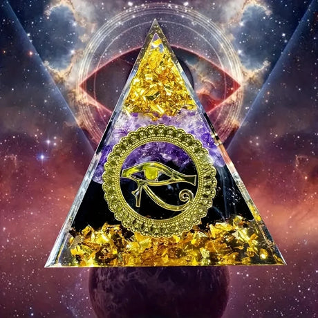 Triangular pyramid with eye symbol against a cosmic background
