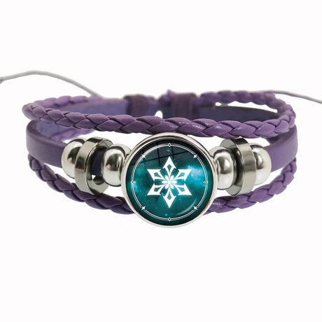 Purple braided bracelet with a silver and teal circular charm featuring a snowflake design on a white background.